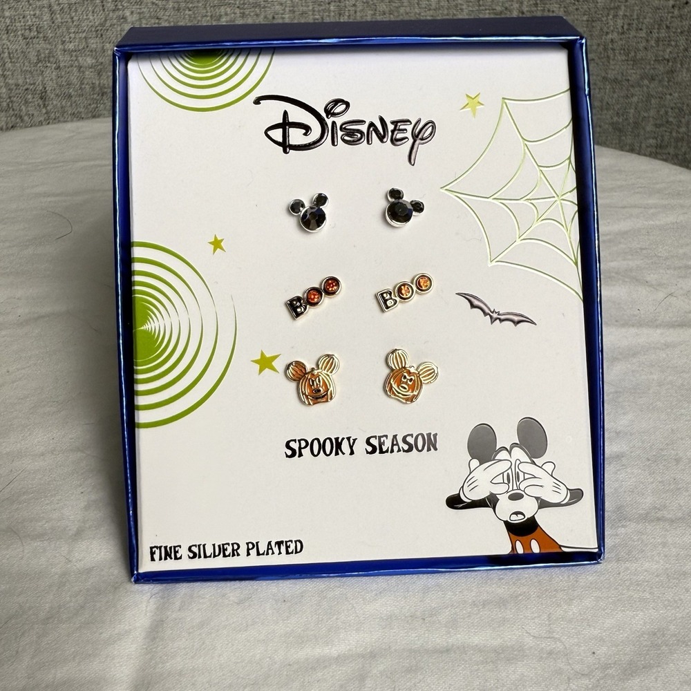 Disney Spooky Season Halloween Fine Silver Plated Stud Earrings Set Of 3‎ Boo